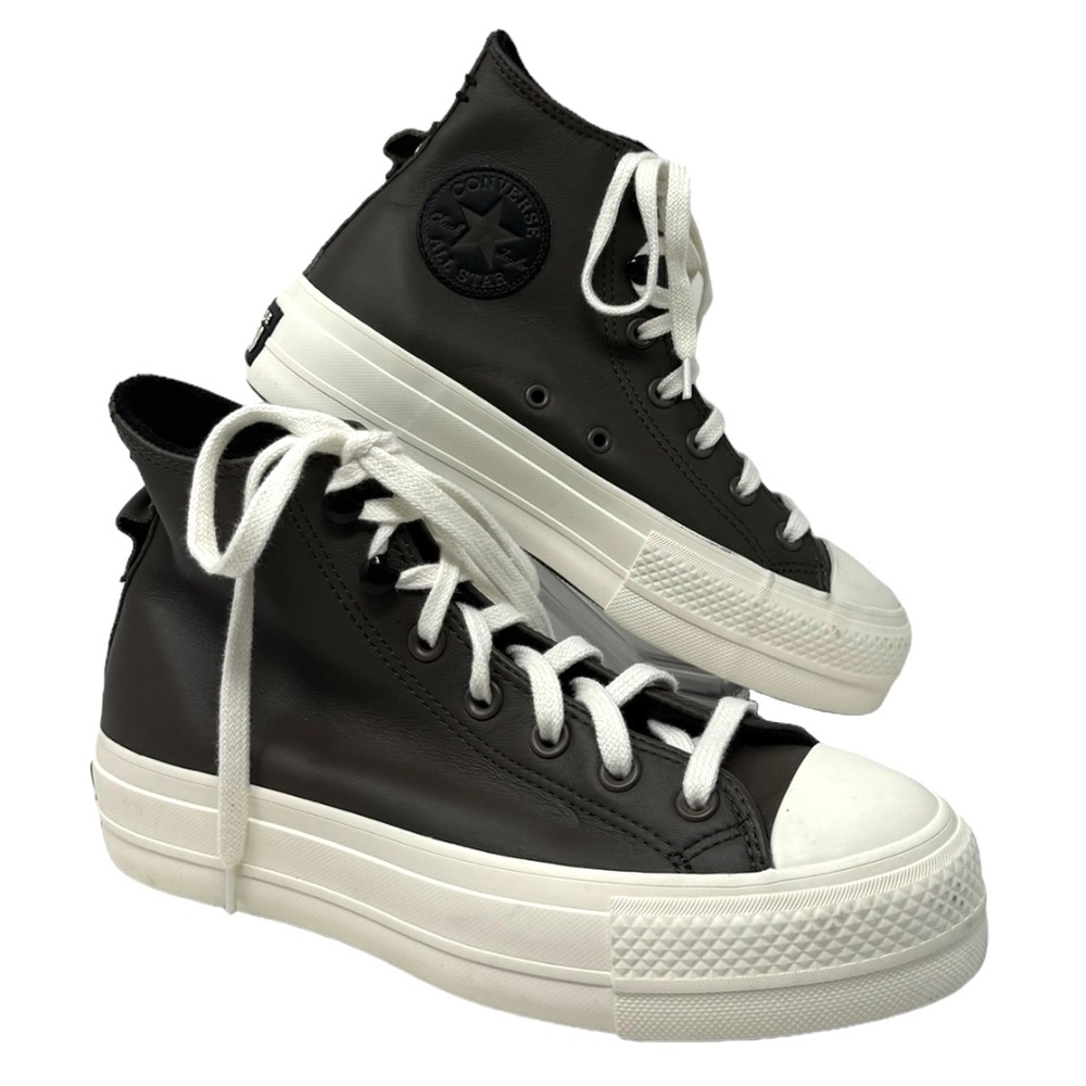 Converse Womens Black Leather Platform High Top Sneakers with White Sole